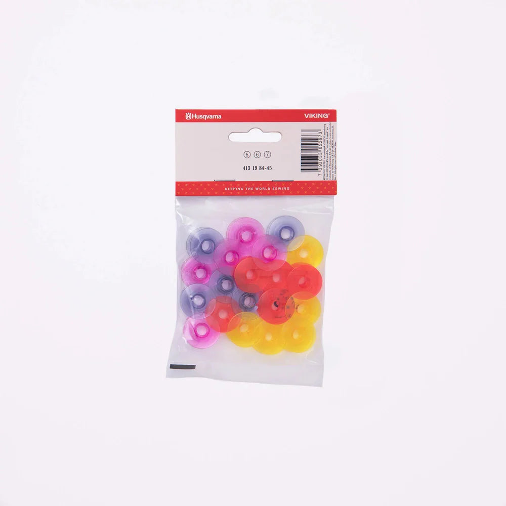 HUSQVARNA® VIKING® Watercolored Bobbins 20-Pack (Pink, Red, Yellow, Dark Blue)