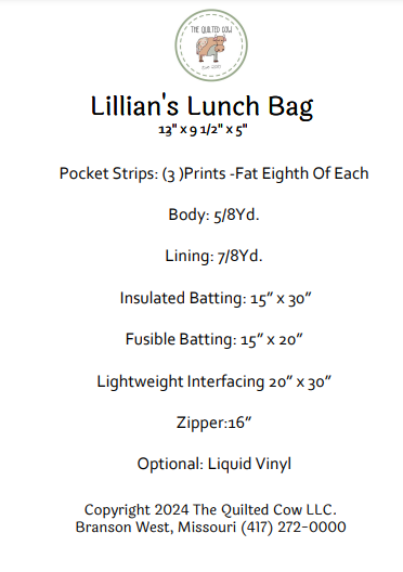 Lillian's Lunch Bag  Quilted Cow Pattern